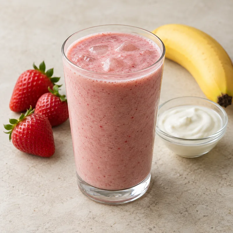 Illustration of fast foods strawberry banana smoothie made with ice and low fat yogurt