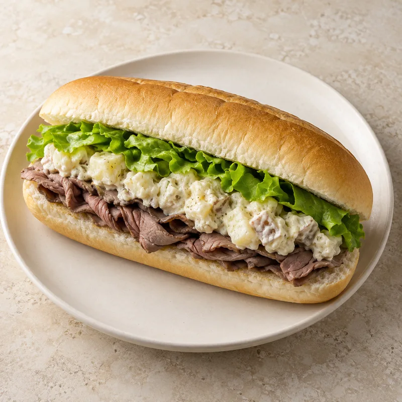 Illustration of submarine sandwich w roast beef potato salad lettuce