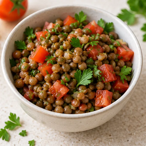 Illustration of lentil salad with tomato and parsley