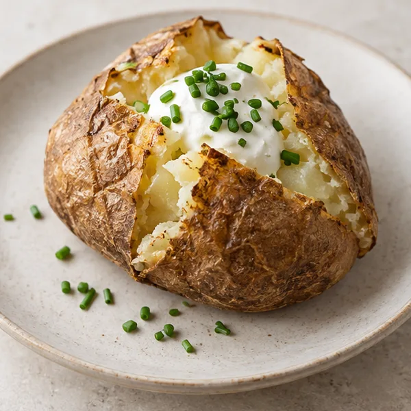 Illustration of a baked potato with yoghurt and chives