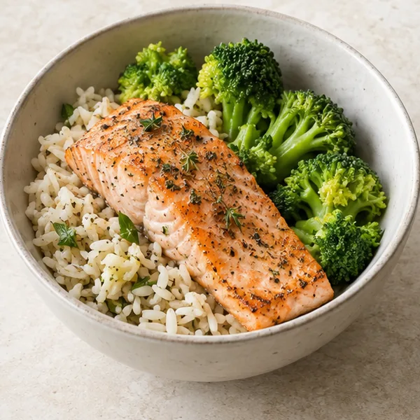 Illustration of salmon served with rice and broccoli