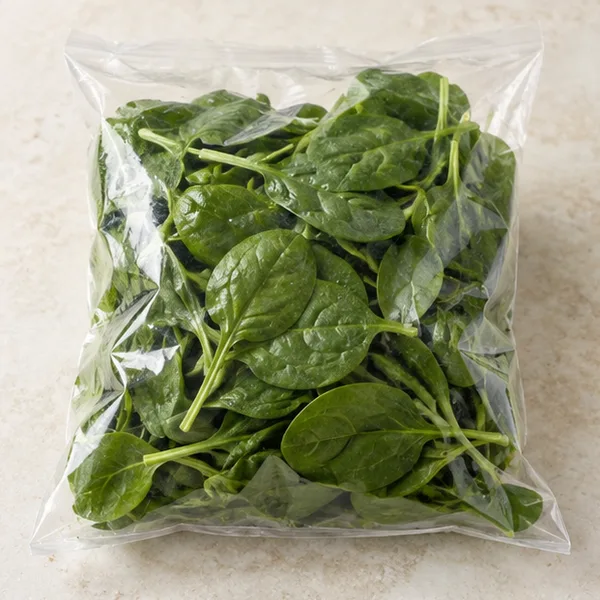 Illustration of spinach leaves in an unbranded bag