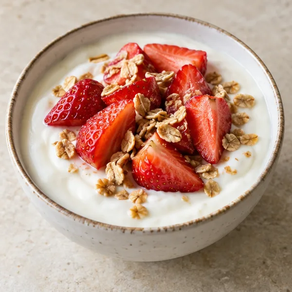 Illustration of yoghurt topped with strawberries