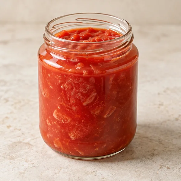 Illustration of crushed tomato in a plain jar