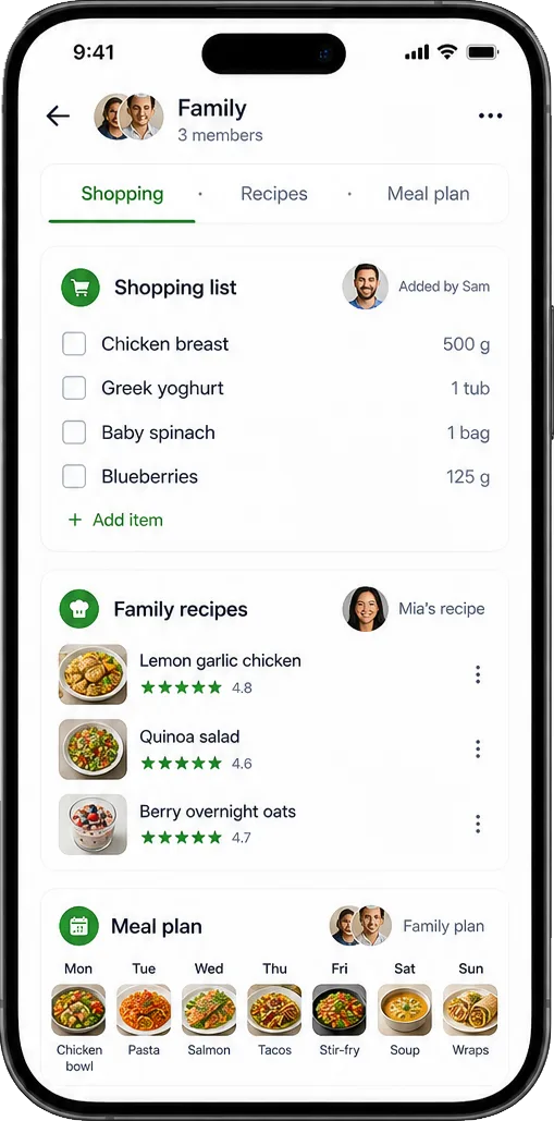 Compartir en familia — Lista de la compra, recetas y plan compartidos