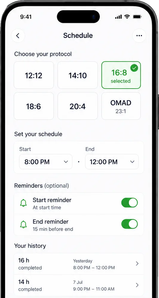 Pick a protocol — 16:8, 18:6, OMAD or your own