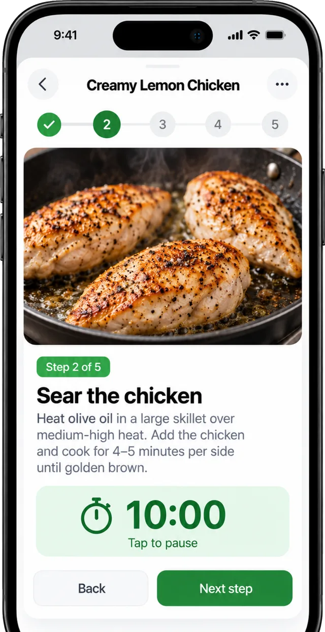 Modo cocina: paso a paso, con temporizadores