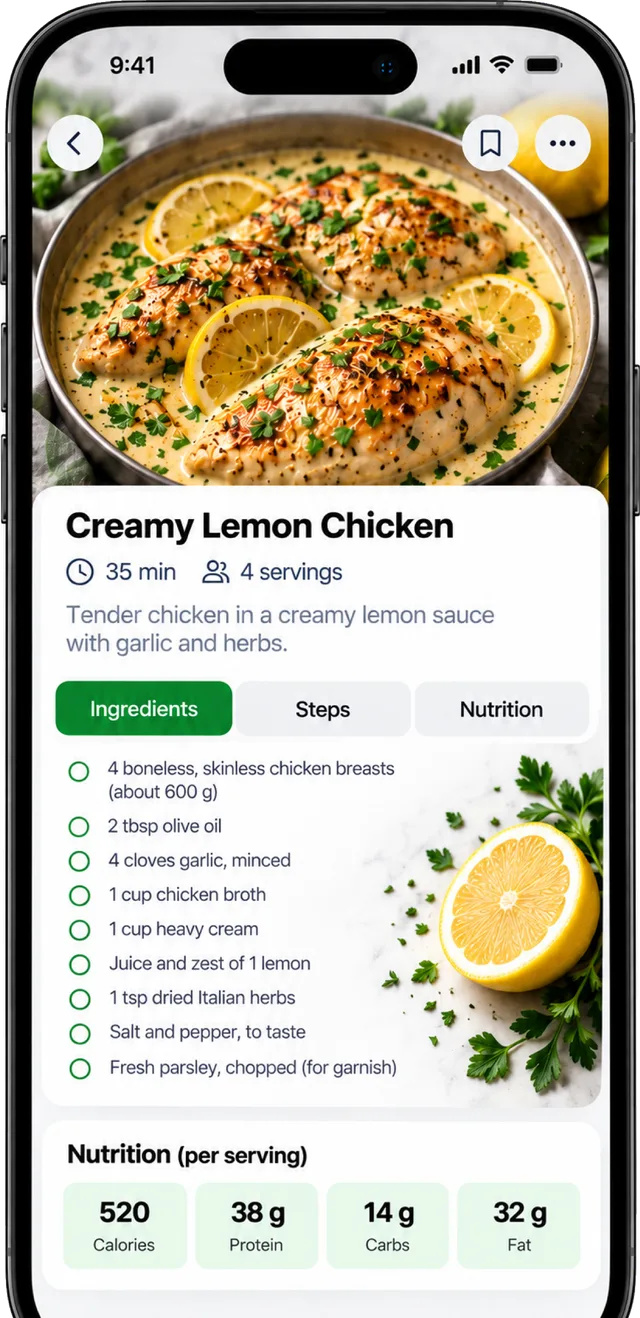 Importador de recetas — La receta, con nutrición por ración