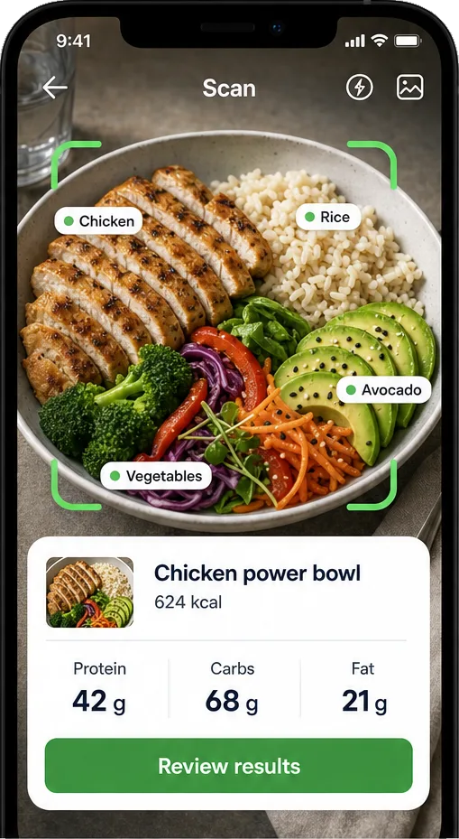 Escáner de comida por foto — Apunta al plato: encuentra cada alimento