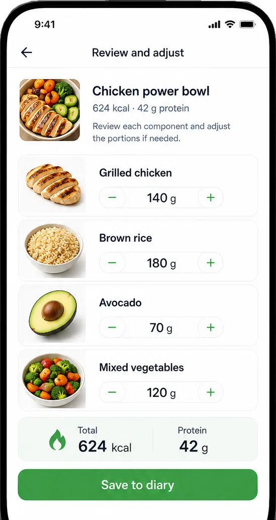 Revisa y ajusta cada alimento antes de guardar